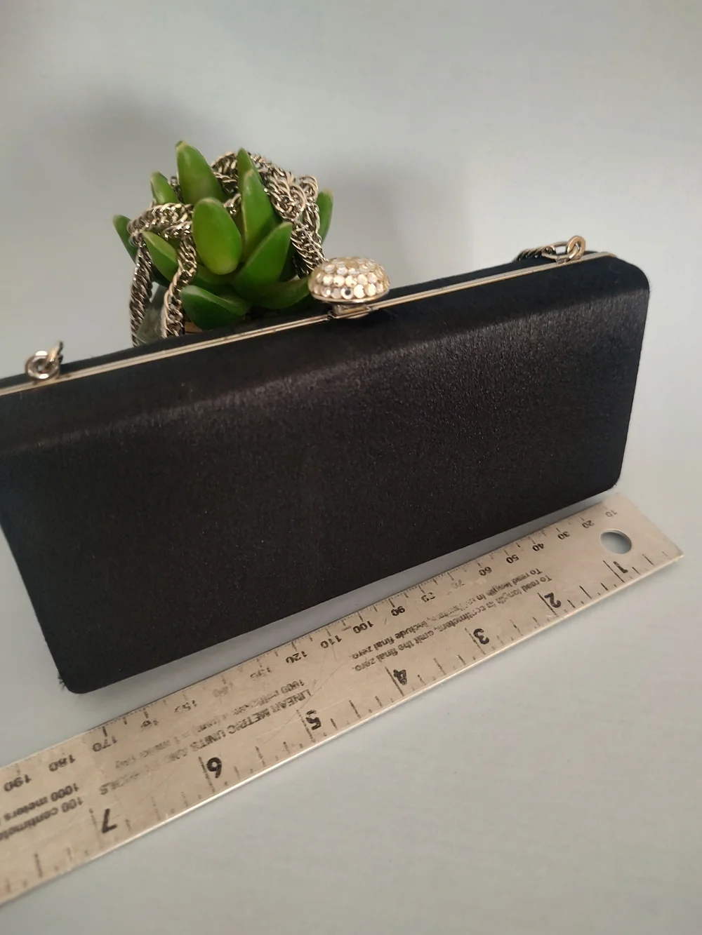 Black Satin Evening Clutch with Jewel Accent